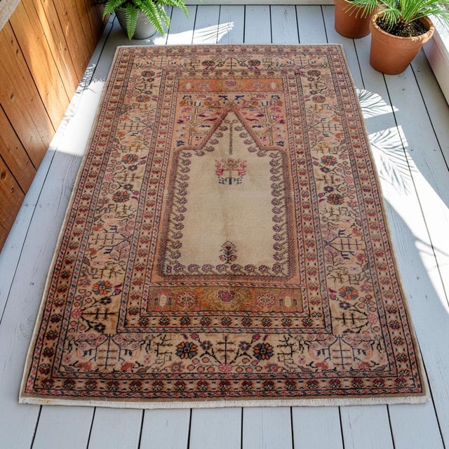 1970s Vintage Hand-Knotted Turkish Rug Prayer Rug Super Fine Wool Rug Wall Decor Religious Tapestry 3x5 Ft Approx For Sale - Image 5 of 18