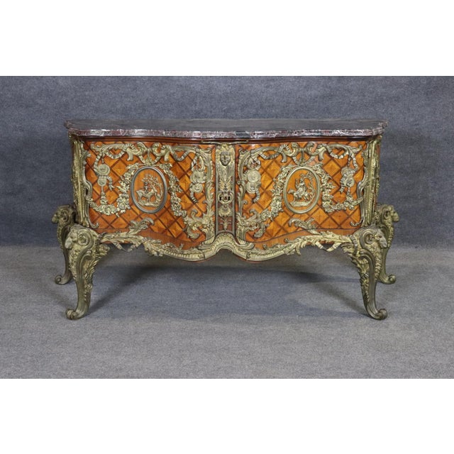 1920s Monumental Grand Inlaid Bronze Mounted French Louis XV Style Marble Top Commode For Sale - Image 4 of 15