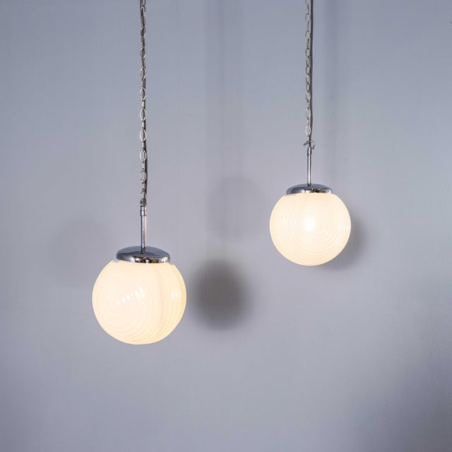 Mouth-Blown Ribbed Opaline Pendant Lamp, 1940s For Sale - Image 11 of 12