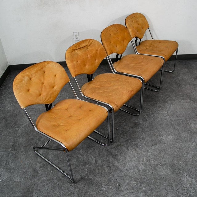 Metal 1960s Mid Century Danish Modern Dining Chairs Set 5 Tan Leather Attributed to Sam Larsson Dux Metal For Sale - Image 7 of 12