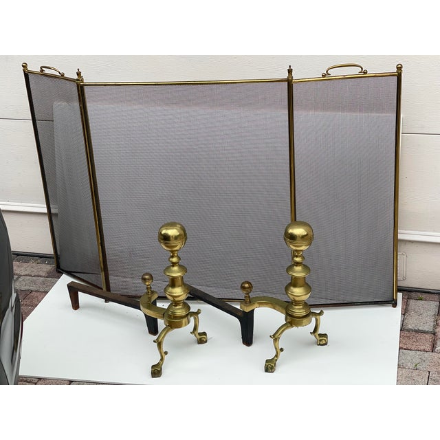1900 - 1909 Antique American Brass Fireplace Set -Screen, Andirons and Fireplace Tools Set For Sale - Image 5 of 11