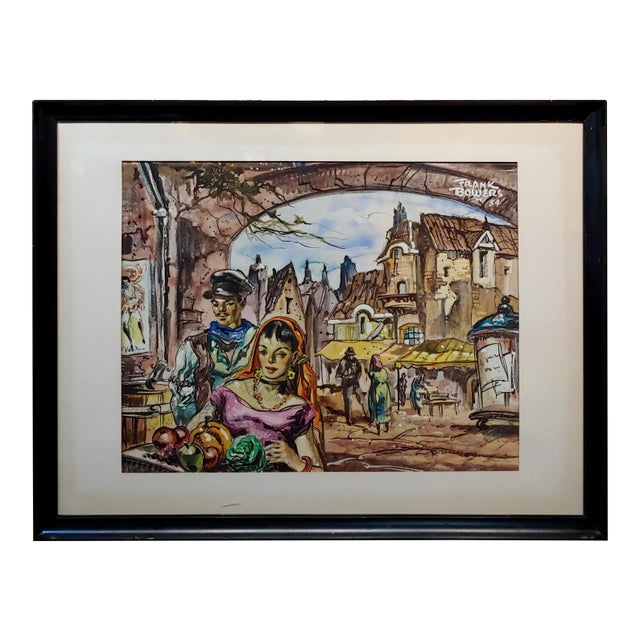 Frank Howard Bowers -Young Couple at the French Market -Painting 1954 For Sale