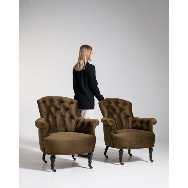 Olive Pair of Napoleon III Velvet Upholstered Armchairs, Second Empire Style, France, Circa 1880 For Sale - Image 8 of 14