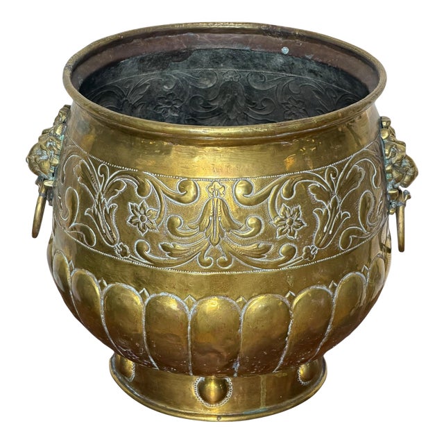 Antique Victorian Brass Jardiniere Planter With and Lion Head Handles For Sale
