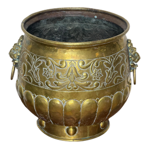 Antique Victorian Brass Jardiniere Planter With and Lion Head Handles