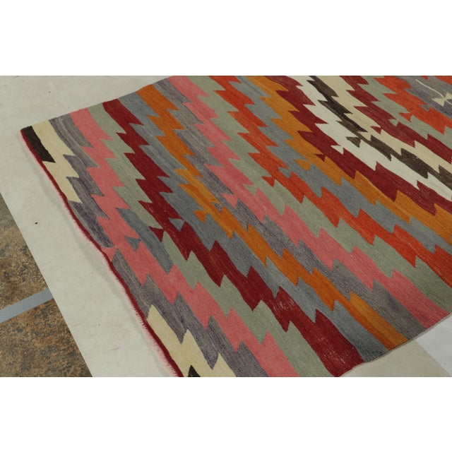 Vintage Mid-Century Geometric Blue Wool Kilim Rug With Multi-Color Accents For Sale - Image 4 of 9