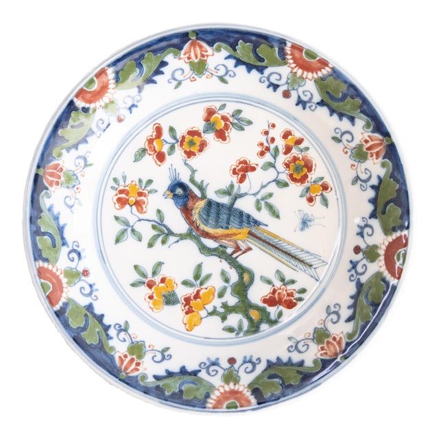 Vintage Dutch Delft Faience Polychrome Floral Bird Wall Charger Plate For Sale