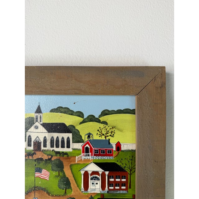 1985 Nancy Lucek Folk Art Village Landscape Oil Painting on Canvas, Framed For Sale In Miami - Image 6 of 12