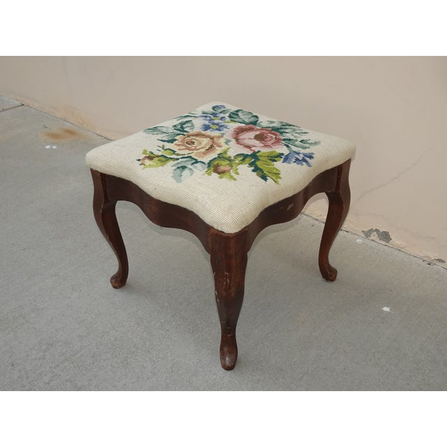 Vintage French Provincial Floral Queen Anne Needlepoint Footstool ~ Bench For Sale - Image 14 of 15