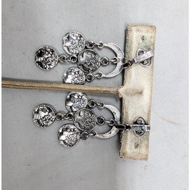 Silver Vintage 1970s Signed Crown Trifari Rhodium Plated Alexander the Great "Coin" Chandelier Clip Earrings-2 Pieces For Sale - Image 8 of 8