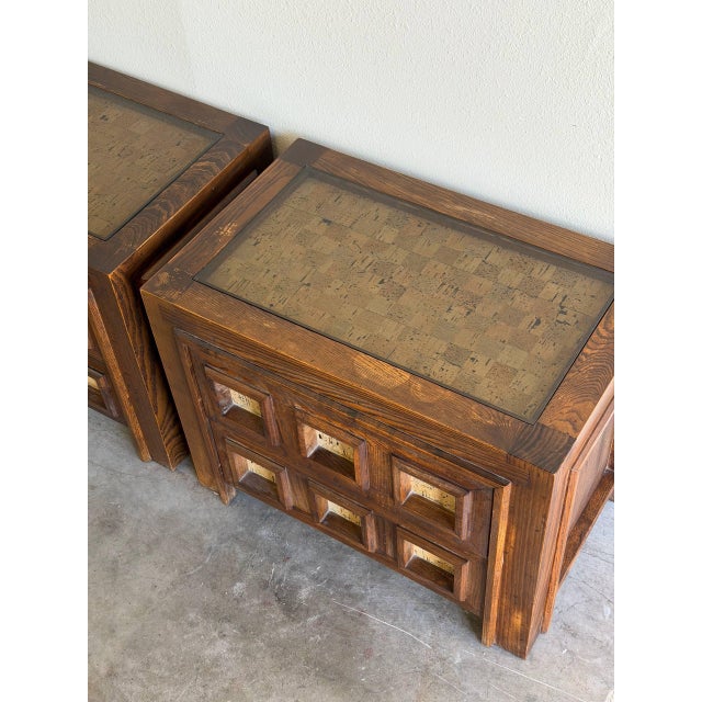 Brown Brutalist Nightstands 1970s – Vintage Mid Century Modern Textured Oak Bedside Tables, A Pair For Sale - Image 8 of 9