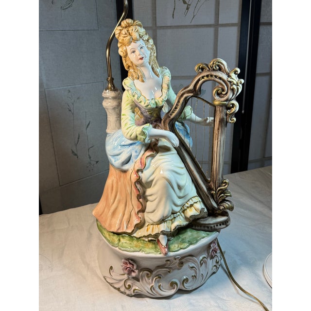 Cream 1940s Capodimonte Porcelain Table Lamp Lady Playing Harp 40 in Tall. For Sale - Image 8 of 12