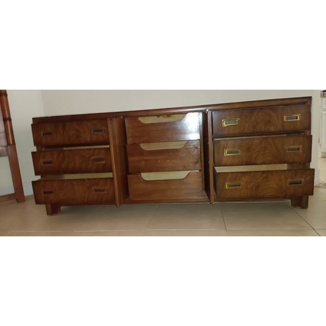 Brown 1960s Mid-Century Modern Walnut Drexel Heritage Dynasty Campaign Dresser or Credenza With Brass Hardware For Sale - Image 8 of 10