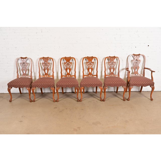 An outstanding set of six antique Georgian, Chippendale, or Queen Anne style dining chairs By Romweber USA, Circa 1920s...