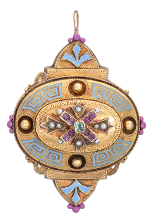 Antique Victorian Gemstone Pendant Enamel 14k Yellow Gold Etruscan Greek Key
