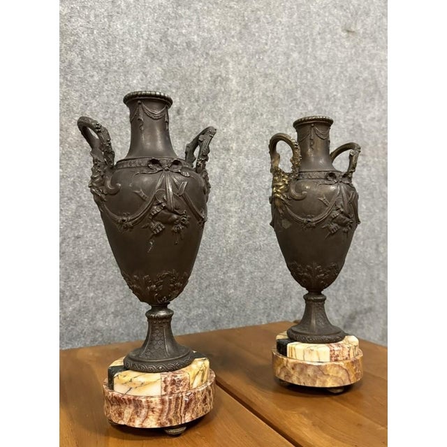 Napoleon III Vases or Cassolettes in Spelter and Siena Marble, Set of 2 For Sale - Image 6 of 6