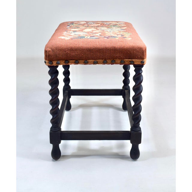 Salmon Antique English Barley Twist Bench Stool in Oak With Tapestry For Sale - Image 8 of 8