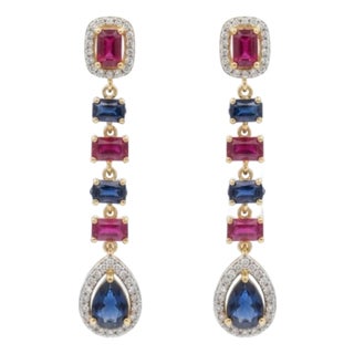 Natural Ruby Blue, Sapphire, & Diamond Earring in 14k Gold For Sale