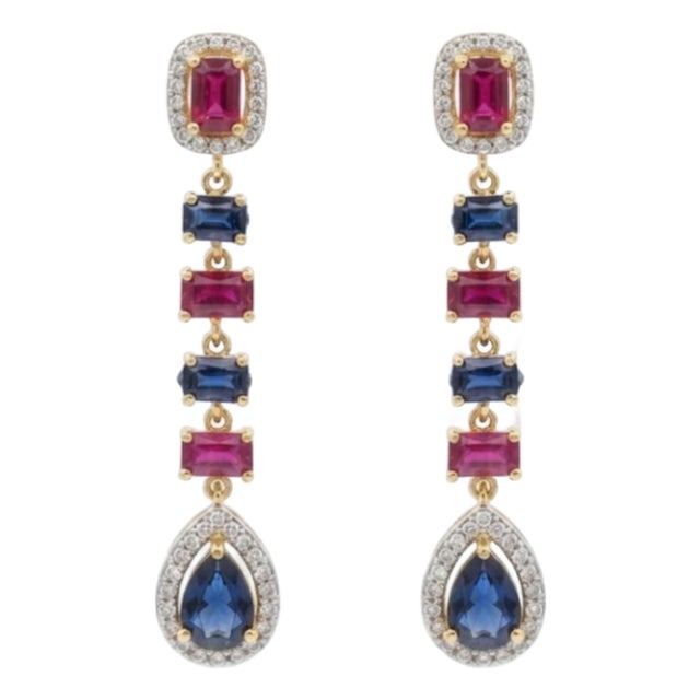 Natural Ruby Blue, Sapphire, & Diamond Earring in 14k Gold For Sale