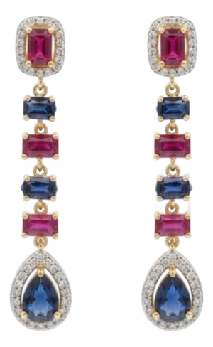 Natural Ruby Blue, Sapphire, & Diamond Earring in 14k Gold