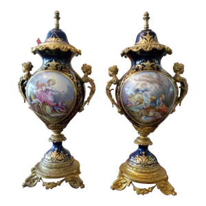 Antique French Sevres Style Signed Urns in Porcelain and Bronze - a Pair