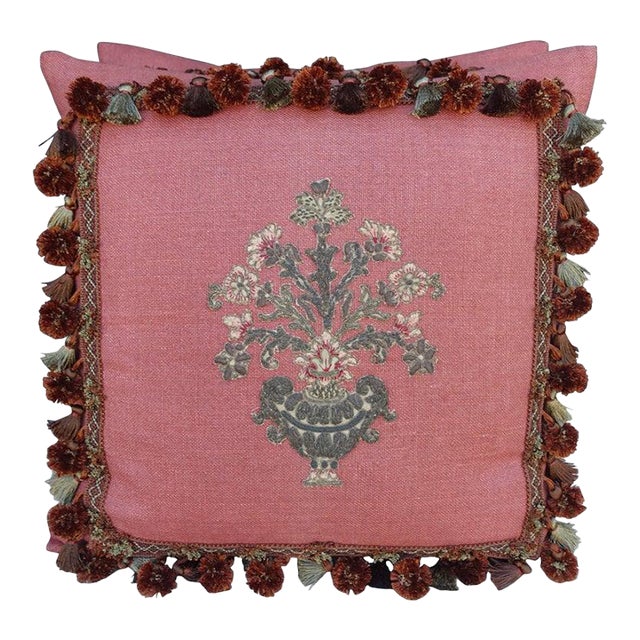 Pair of Metallic and Chenille Appliqued Linen Pillows by Melissa Levinson For Sale