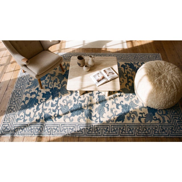 Lovely Tan Beige and Blue Cerulean Color With Florid Design Antique Japanese Rug For Sale - Image 11 of 13