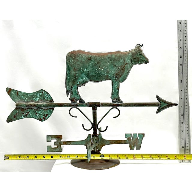 Very Decorative Vintage Mid Century Copper & Brass Cow Weathervane With Wind Directional - Mounted for Display For Sale - Image 12 of 12