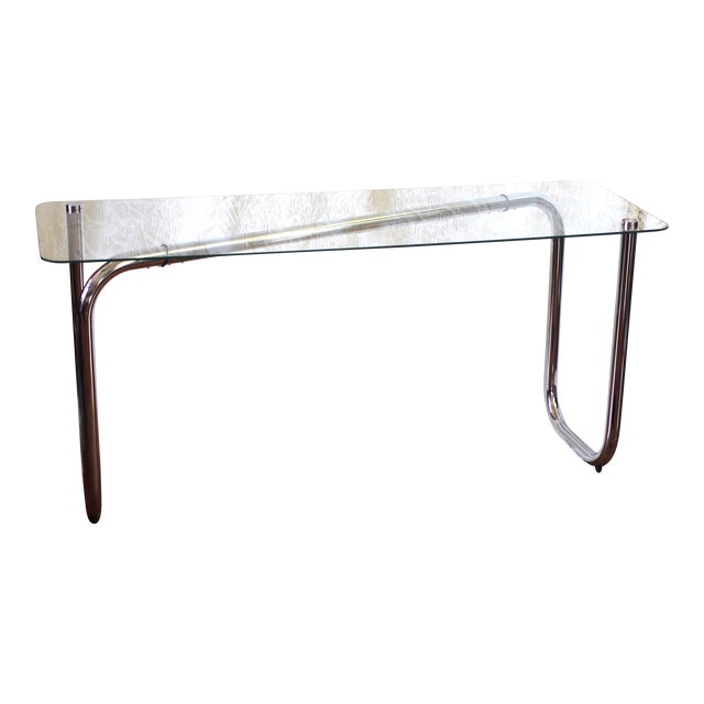 1960s Modern Chrome Hairpin Tube Table With Glass Top For Sale