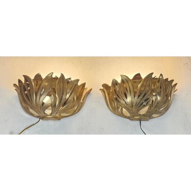 Italian Gilt Metal Lotus Flower Wall Sconces, 1980s, Set of 2 For Sale - Image 4 of 13