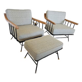 1950s MCM Attributed to Richard McCarthy by Selrite Wrought Iron Chair Set With Matching Ottoman For Sale