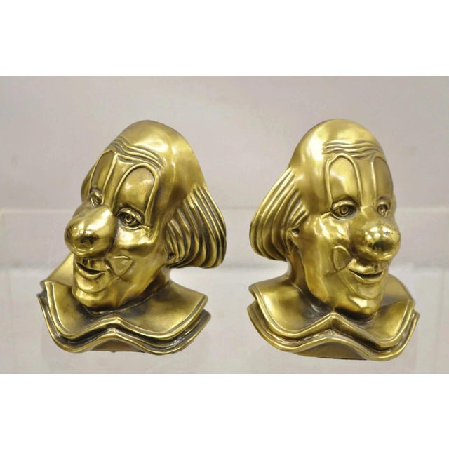 Gold Vintage Pm Craftsman Art Deco Brass Figural Clown Head Bookends - A Pair For Sale - Image 8 of 9