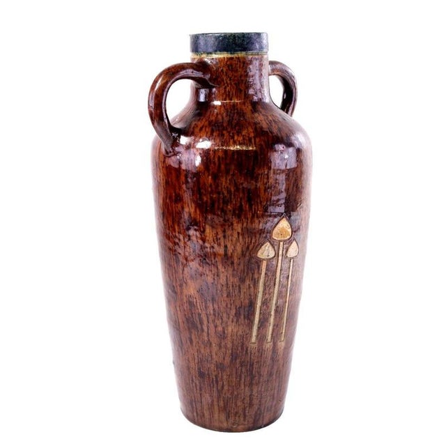 Antique Belgian Majolica Art Pottery Twin-Handled Vase with Toadstool Motif For Sale - Image 6 of 14
