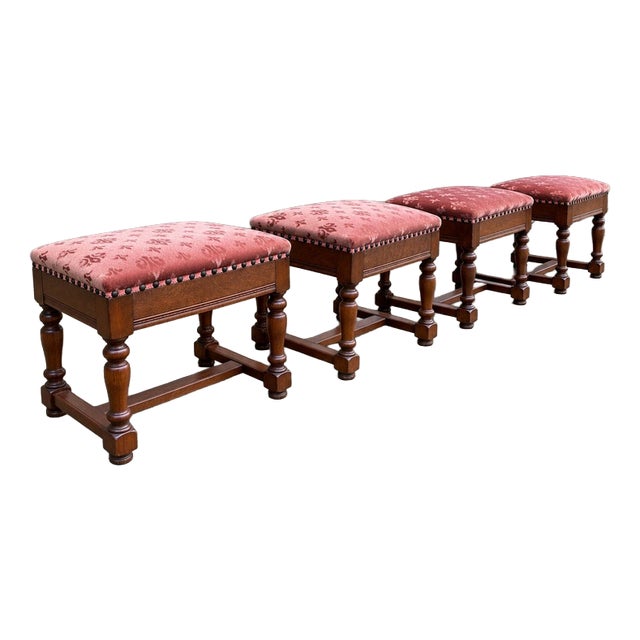 Vintage Stools in Velvet, 1950s, Set of 4 For Sale