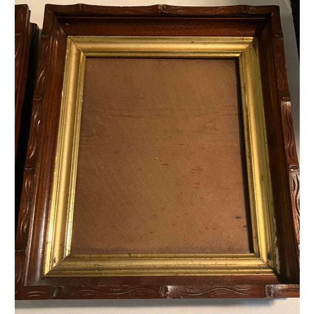 Rustic 1870’s 2 Carved Walnut 8 X 10 Picture Frames With Gold Leaf Liner -A Pair For Sale - Image 3 of 4