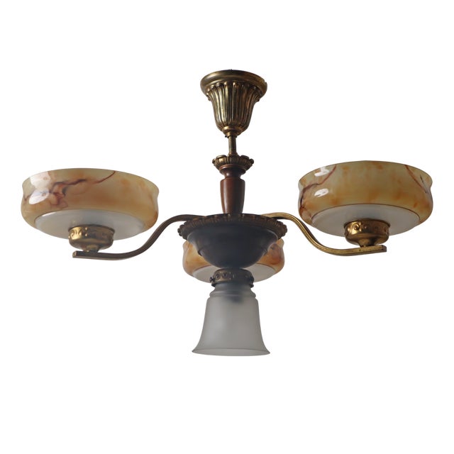 Danish Art Deco Chandelier with Alabaster-Look Glass Bowls For Sale