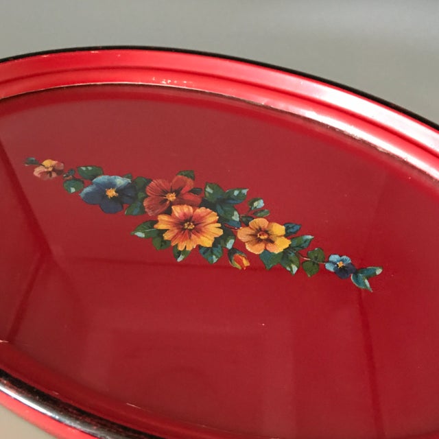 Painted Flowers on Red Paper Composite Glass Top Dresser Tray 1940's For Sale - Image 9 of 13