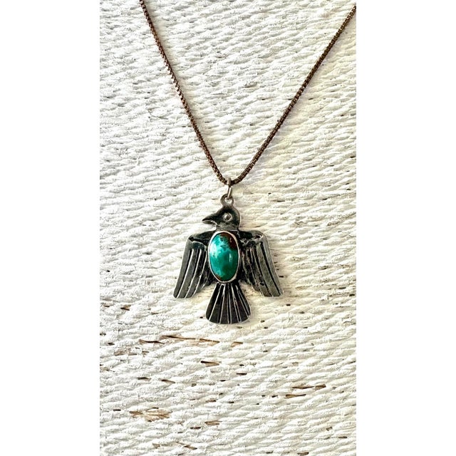 Vintage Native American Thunderbird Turquoise Sterling Silver Pendant Necklace 18” chain