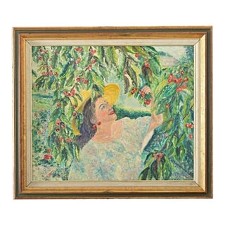 French Vintage 1980s Framed Oil Painting of Cherry Picking For Sale