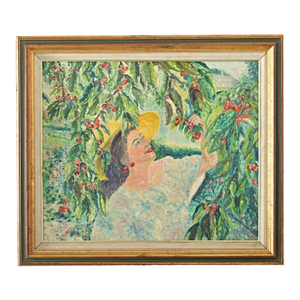 French Vintage 1980s Framed Oil Painting of Cherry Picking