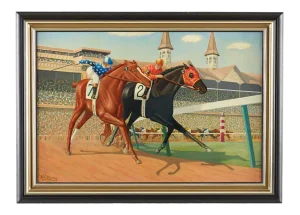 1960s Vintage Kentucky Derby Race Large Acrylic Painting