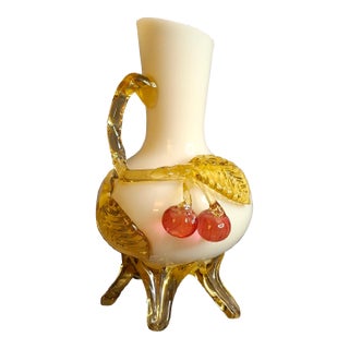 Antique Stevens & Williams Custard Uranium Glass Vase Applied Cherries Victorian C. 1880s For Sale