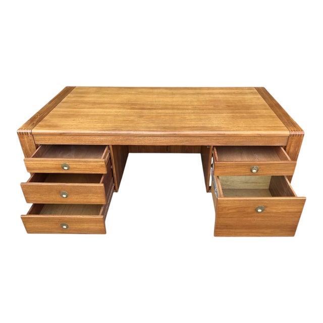 1960s Mid-Century Modern Teak Executive Desk – Danish Style Double Pedestal Desk With Brass Pulls For Sale - Image 5 of 17