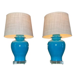 Contemporary Pair of Turquoise Ceramic Table Lamps For Sale