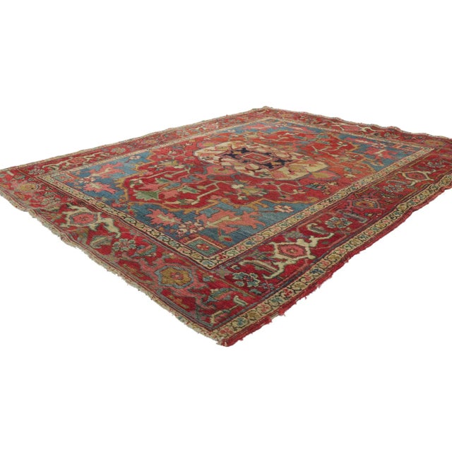 78168 distressed antique Persian Serapi rug, 04'09 x 06'01. Emanating exquisite grace and architectural design elements...