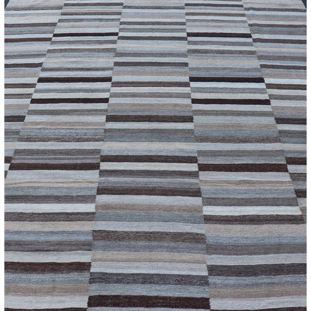 Modern Modern Flat-Weave Kilim Rug in Multi-Panel Striped Design in Earthy Tones For Sale - Image 3 of 13