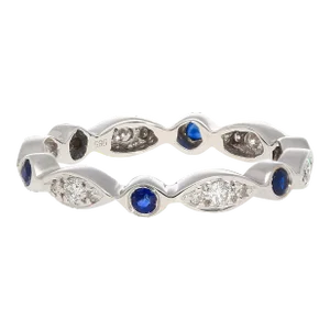 14k White Gold Bezel Blue Sapphire & Diamond Stack 3mm Band Ring Size 7.5