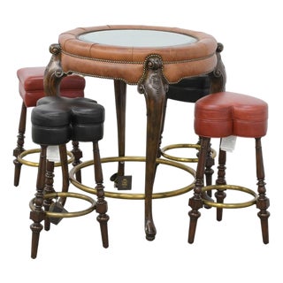 1990s Maitland-Smith Leather Pub Table & Card-Suit Stools Set For Sale