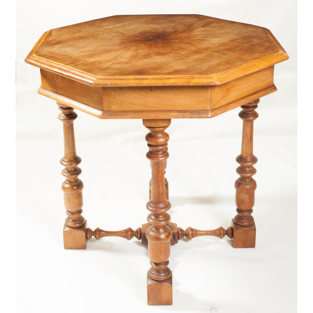 French 1950s Vintage Walnut Revial Louis XVI Octogonal Occasional Table. For Sale - Image 3 of 15