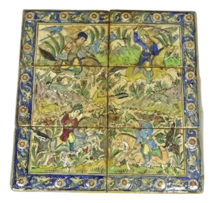 Antique Persian Iznik Qajar Style Ceramic Pottery Tile Mosaic Hunt Scene C7